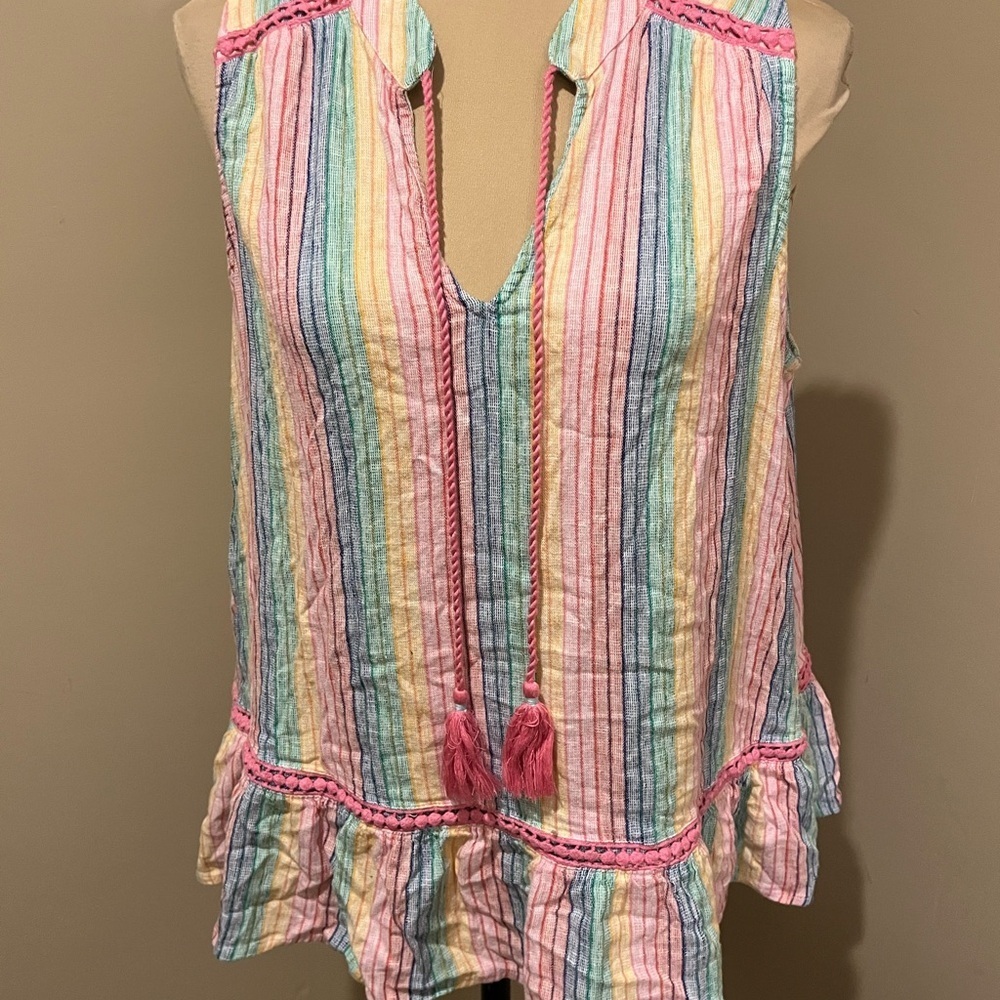 Crown & Ivy Pastel Striped Blouse with Pink Trim